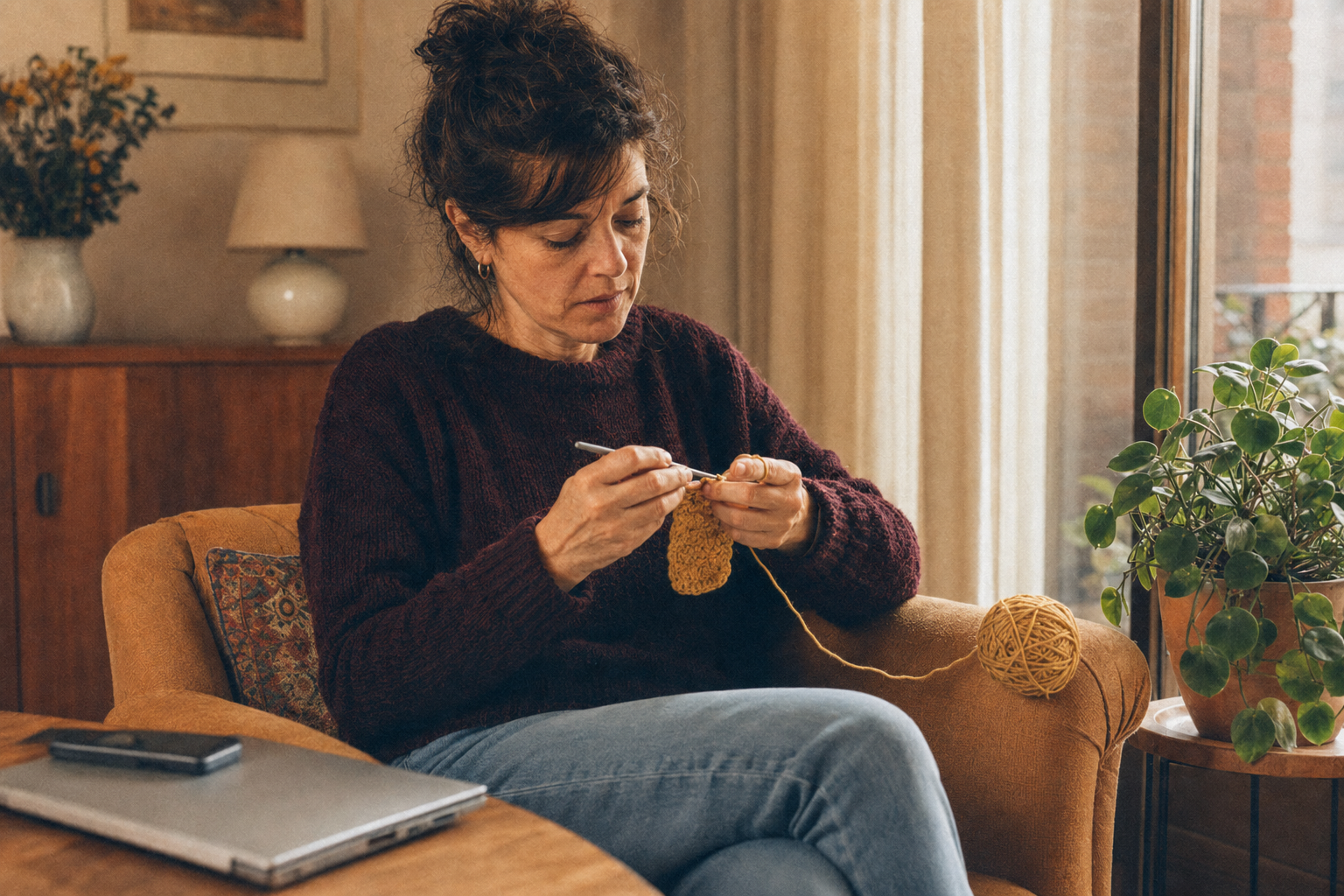mujer pausa con crochet