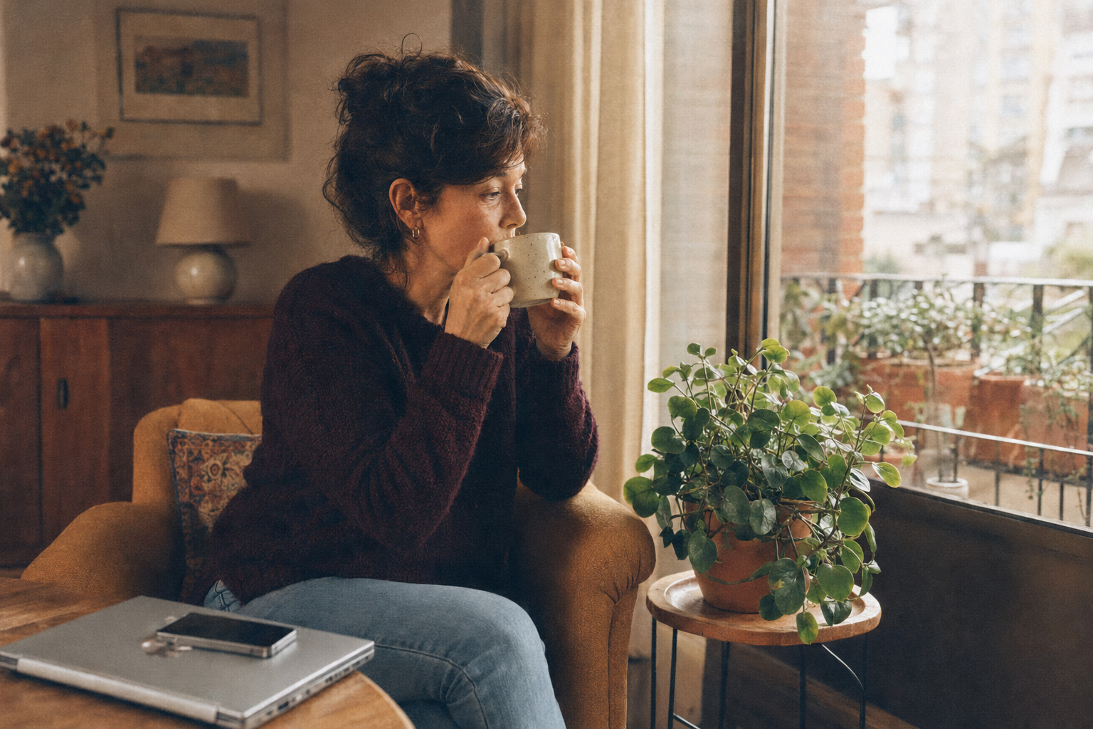 mujer pausa con te junto a ventana